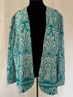 Teal Paisley Open Front Boho Kimono Duster Jacket Coastal Rich Aunt XL